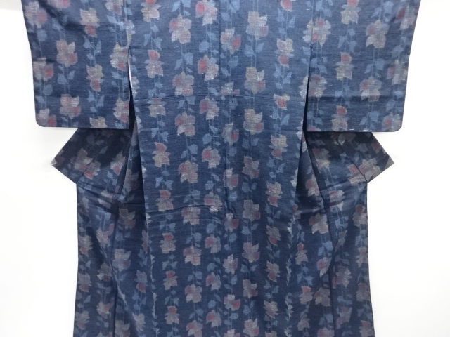 JAPANESE KIMONO / ANTIQUE KIMONO / SILK / TSUMUGI / WOVEN FLORAL PLANTS